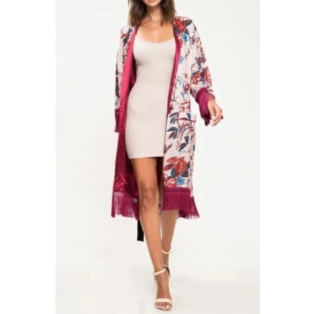 Latiste Kimono Jacket Womens Small Floral Fringe Trim Satin Pink Boho Chic